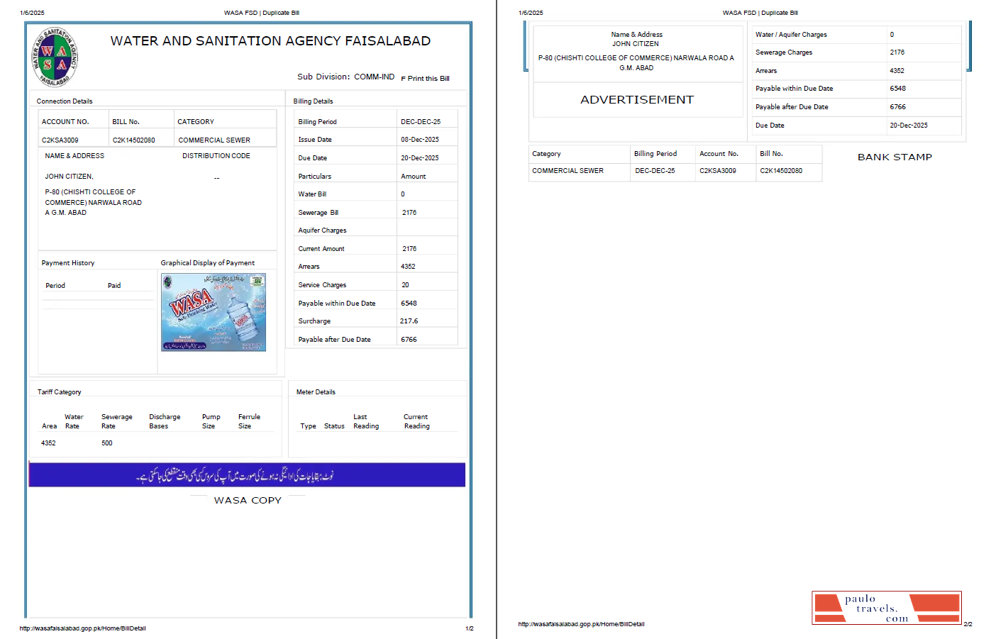 Pakistan WASA utility bill template in Word and PDF formats, 2 pages